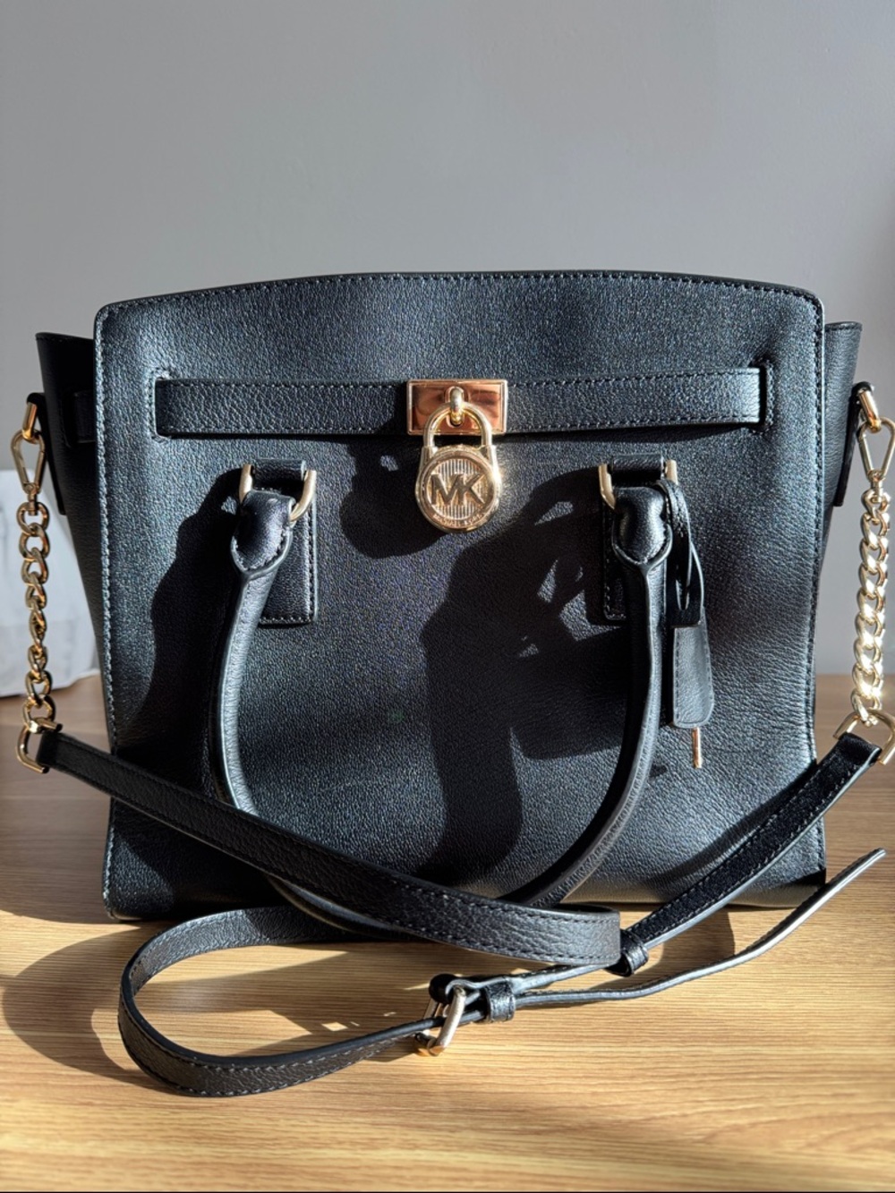 Michael Kors Black Leather Hamilton Bag with Gold-Tone MK Charm